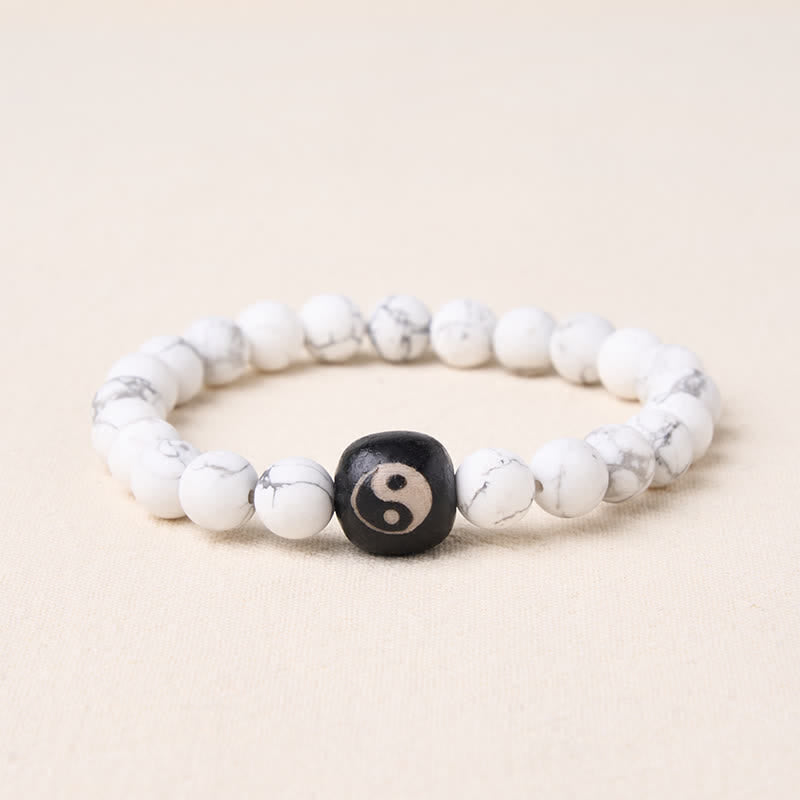 Buddha Stones Black Onyx White Turquoise Yin Yang Balance Round Bead Bracelet