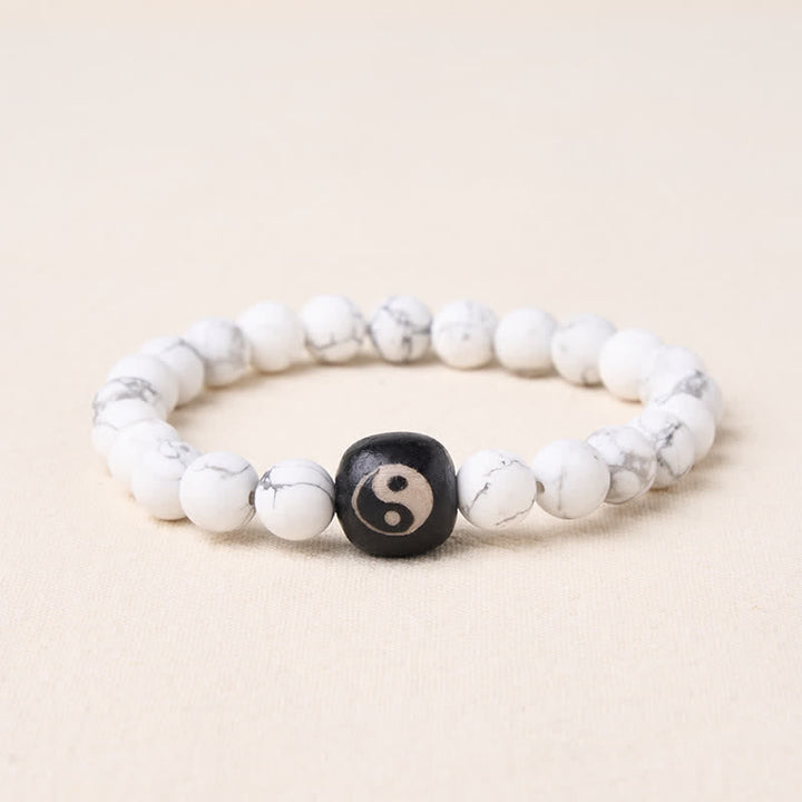 Buddha Stones Black Onyx White Turquoise Yin Yang Balance Round Bead Bracelet