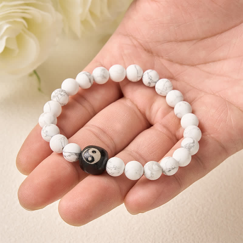 Buddha Stones Black Onyx White Turquoise Yin Yang Balance Round Bead Bracelet