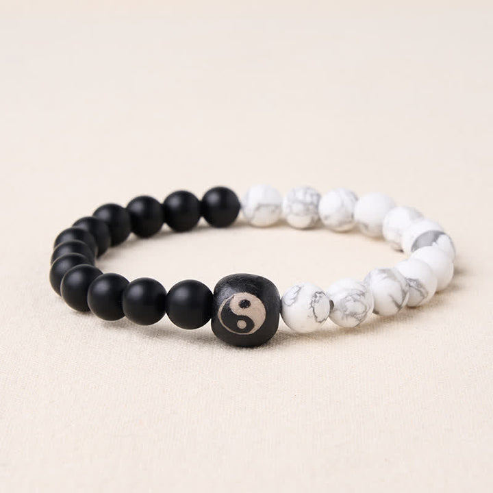 Buddha Stones Black Onyx White Turquoise Yin Yang Balance Round Bead Bracelet