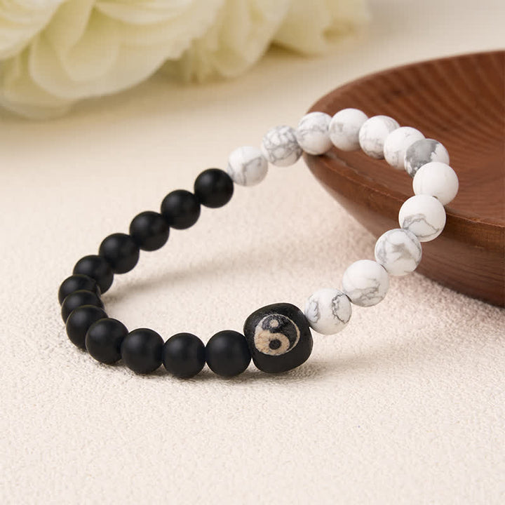 Buddha Stones Black Onyx White Turquoise Yin Yang Balance Round Bead Bracelet