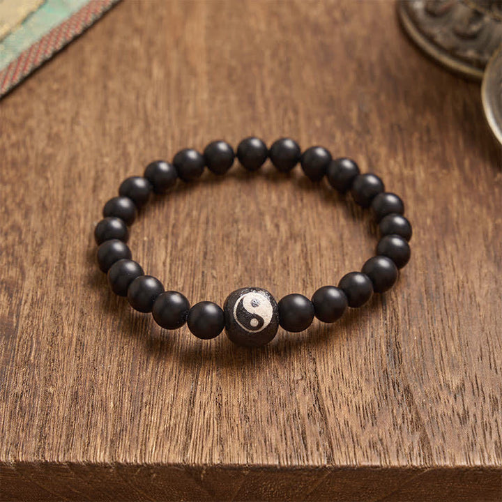 Buddha Stones Black Onyx White Turquoise Yin Yang Balance Round Bead Bracelet