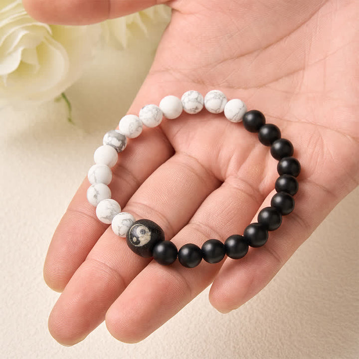 Buddha Stones Black Onyx White Turquoise Yin Yang Balance Round Bead Bracelet
