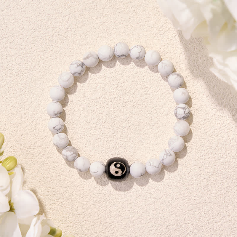 Buddha Stones Black Onyx White Turquoise Yin Yang Balance Round Bead Bracelet