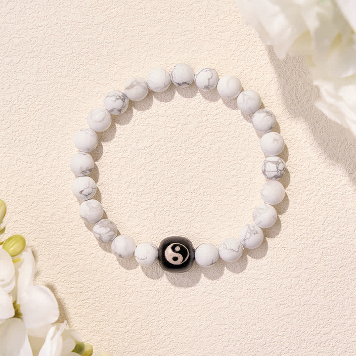 Buddha Stones Black Onyx White Turquoise Yin Yang Balance Round Bead Bracelet
