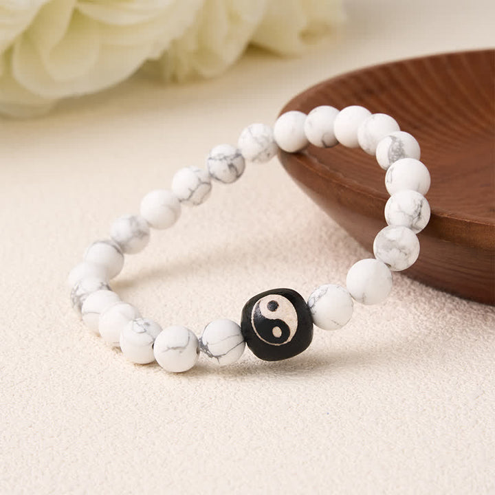 Buddha Stones Black Onyx White Turquoise Yin Yang Balance Round Bead Bracelet