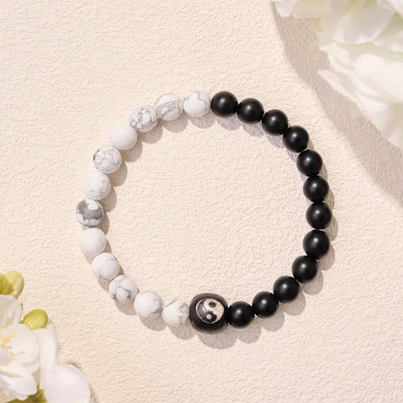 Buddha Stones Black Onyx White Turquoise Yin Yang Balance Round Bead Bracelet