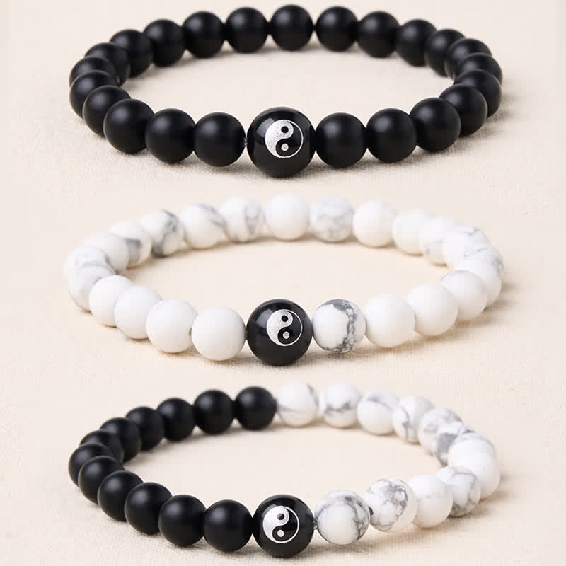Buddha Stones Black Onyx White Turquoise Yin Yang Black Obsidian Round Bead Balance Bracelet