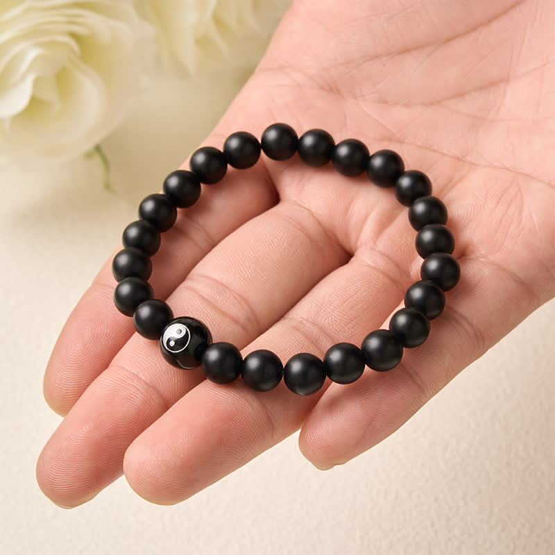 Buddha Stones Black Onyx White Turquoise Yin Yang Black Obsidian Round Bead Balance Bracelet