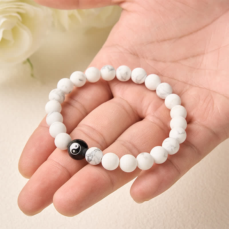 Buddha Stones Black Onyx White Turquoise Yin Yang Black Obsidian Round Bead Balance Bracelet