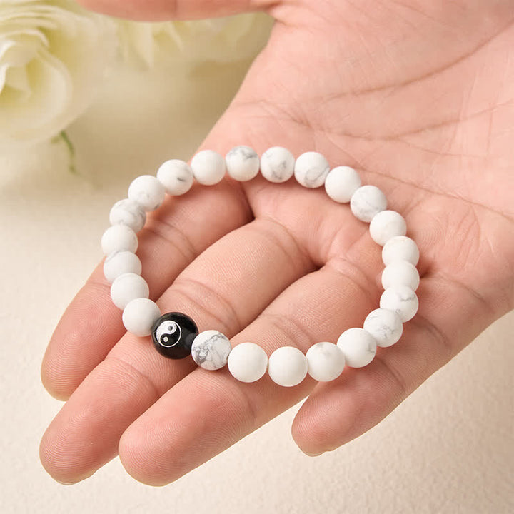 Buddha Stones Black Onyx White Turquoise Yin Yang Black Obsidian Round Bead Balance Bracelet
