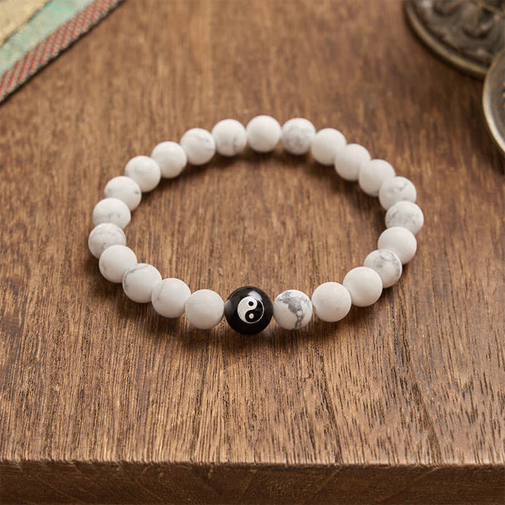 Buddha Stones Black Onyx White Turquoise Yin Yang Black Obsidian Round Bead Balance Bracelet