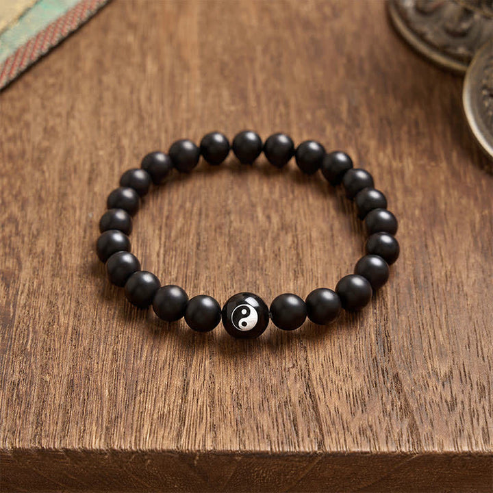 Buddha Stones Black Onyx White Turquoise Yin Yang Black Obsidian Round Bead Balance Bracelet
