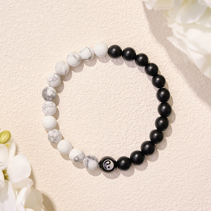 Buddha Stones Black Onyx White Turquoise Yin Yang Black Obsidian Round Bead Balance Bracelet