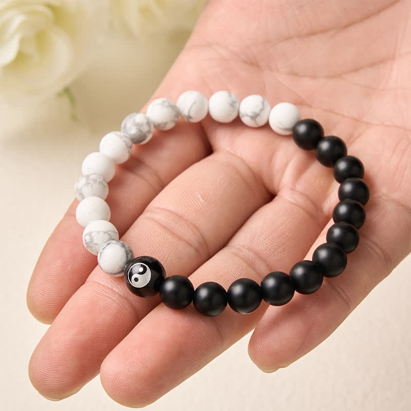 Buddha Stones Black Onyx White Turquoise Yin Yang Black Obsidian Round Bead Balance Bracelet