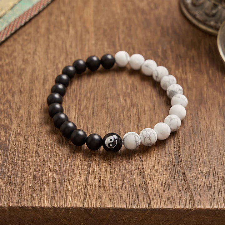 Buddha Stones Black Onyx White Turquoise Yin Yang Black Obsidian Round Bead Balance Bracelet