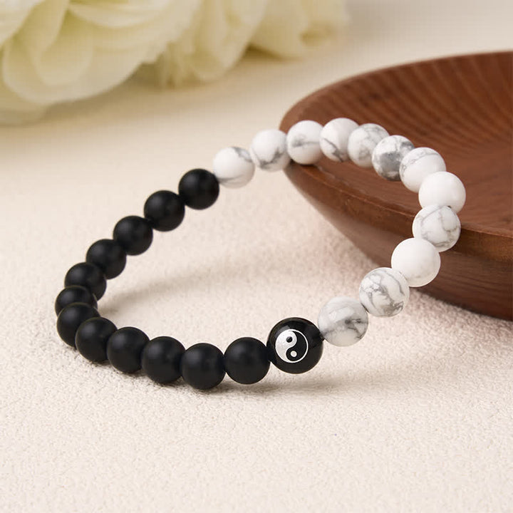 Buddha Stones Black Onyx White Turquoise Yin Yang Black Obsidian Round Bead Balance Bracelet