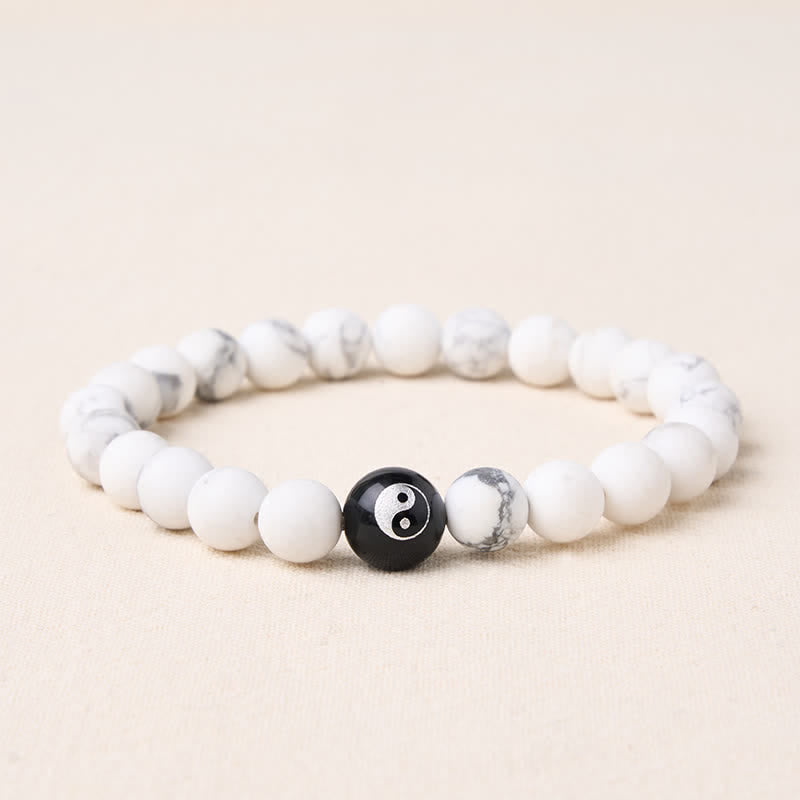 Buddha Stones Black Onyx White Turquoise Yin Yang Black Obsidian Round Bead Balance Bracelet