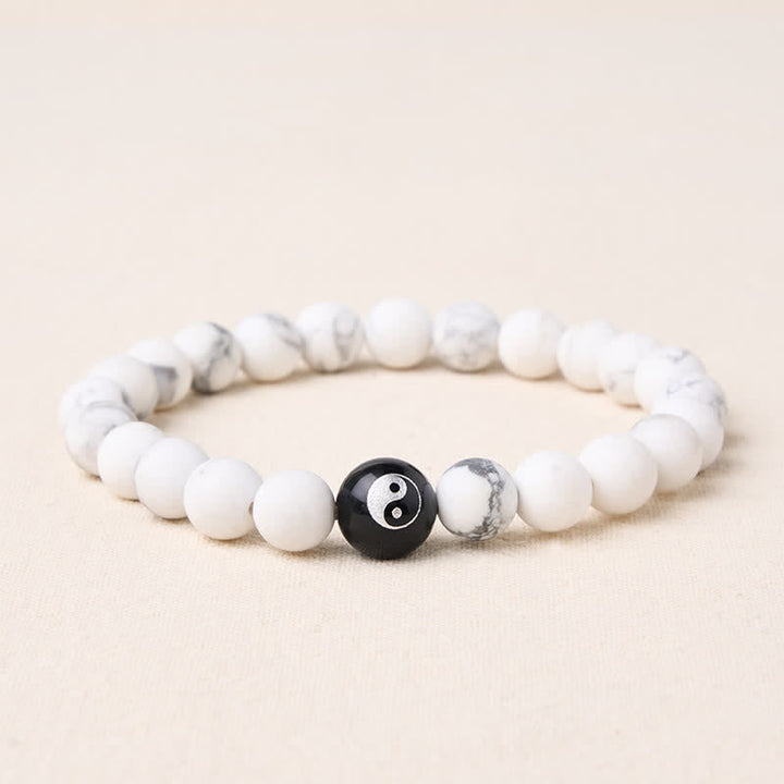 Buddha Stones Black Onyx White Turquoise Yin Yang Black Obsidian Round Bead Balance Bracelet