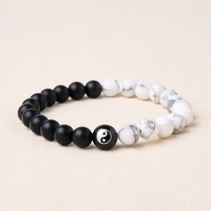 Buddha Stones Black Onyx White Turquoise Yin Yang Black Obsidian Round Bead Balance Bracelet