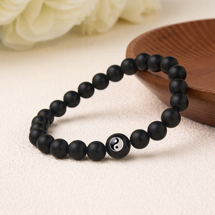 Buddha Stones Black Onyx White Turquoise Yin Yang Black Obsidian Round Bead Balance Bracelet