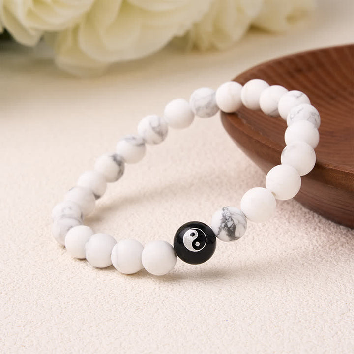 Buddha Stones Black Onyx White Turquoise Yin Yang Black Obsidian Round Bead Balance Bracelet