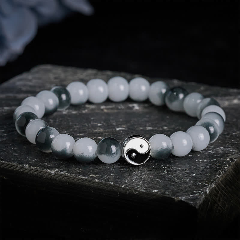 Buddha Stones Alloy Flat Bead and Glass Yin Yang Two-Tone Balance Bracelet