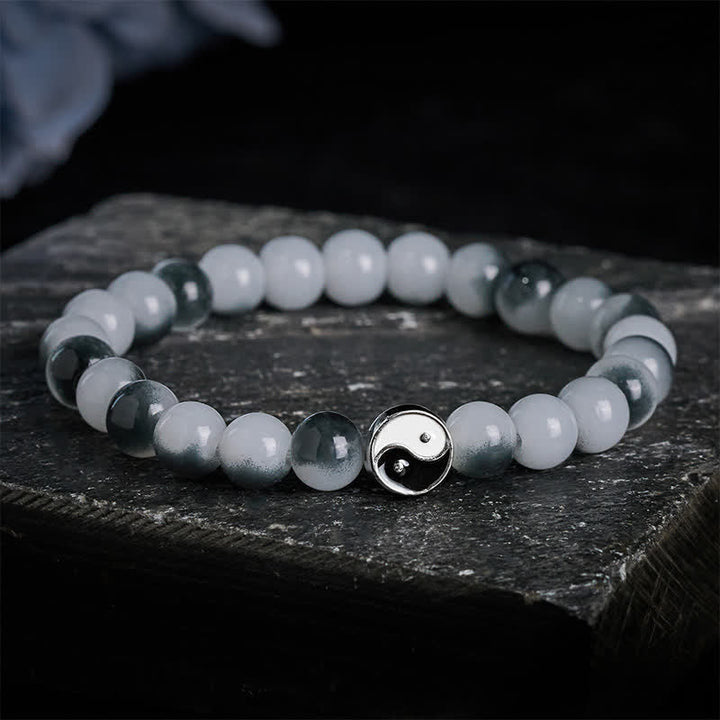 Buddha Stones Alloy Flat Bead and Glass Yin Yang Two-Tone Balance Bracelet