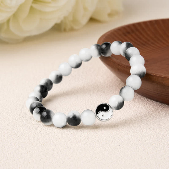 Buddha Stones Alloy Flat Bead and Glass Yin Yang Two-Tone Balance Bracelet