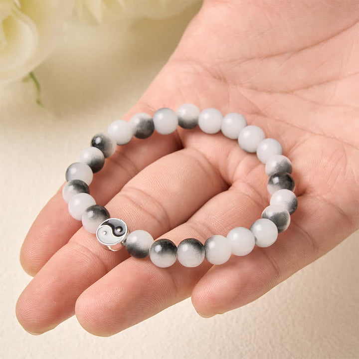 Buddha Stones Alloy Flat Bead and Glass Yin Yang Two-Tone Balance Bracelet