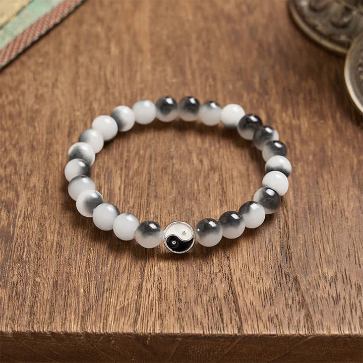Buddha Stones Alloy Flat Bead and Glass Yin Yang Two-Tone Balance Bracelet