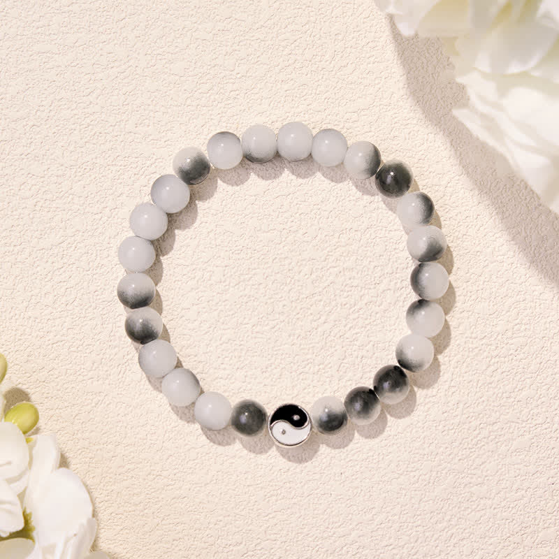 Buddha Stones Alloy Flat Bead and Glass Yin Yang Two-Tone Balance Bracelet