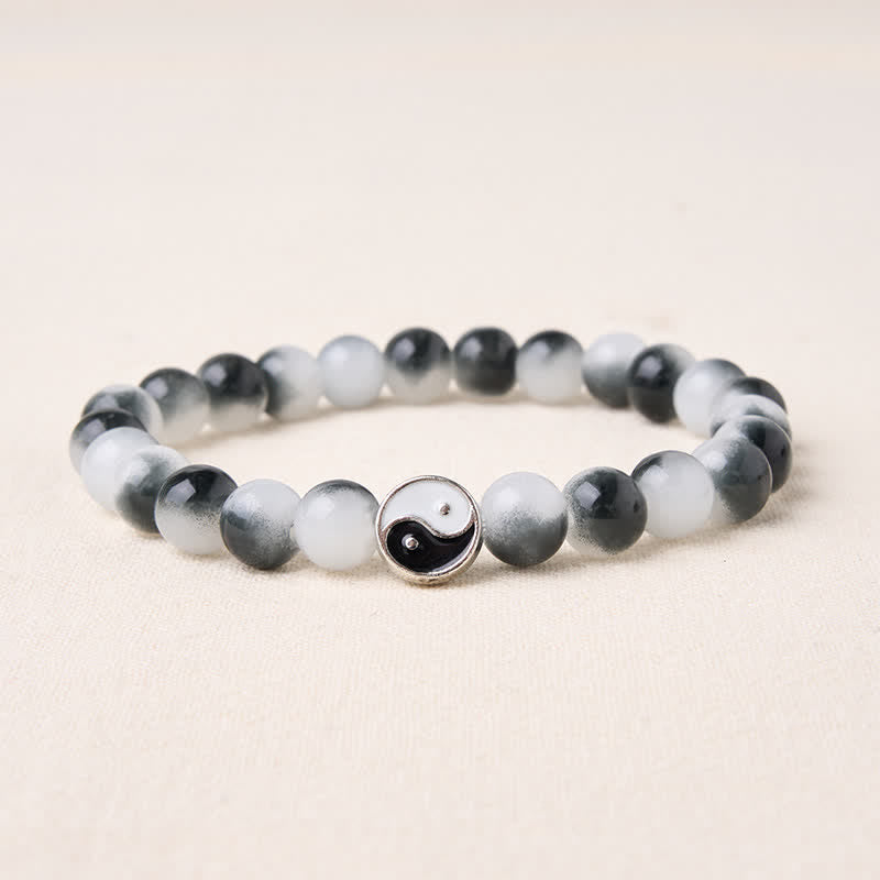 Buddha Stones Alloy Flat Bead and Glass Yin Yang Two-Tone Balance Bracelet