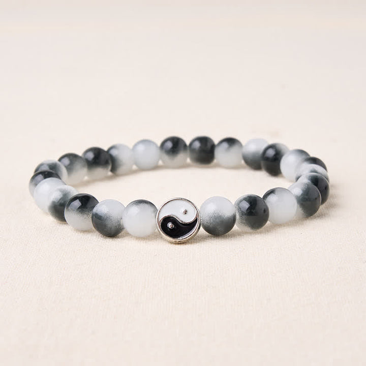 Buddha Stones Alloy Flat Bead and Glass Yin Yang Two-Tone Balance Bracelet
