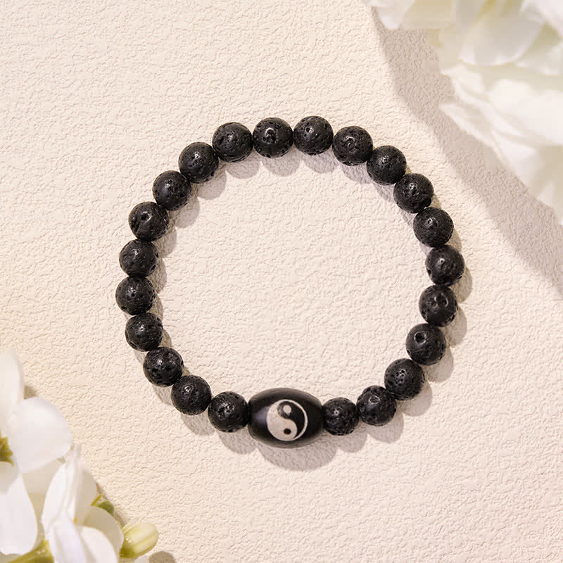 Buddha Stones Lava Rock Black Onyx Yin Yang Bead Support Bracelet