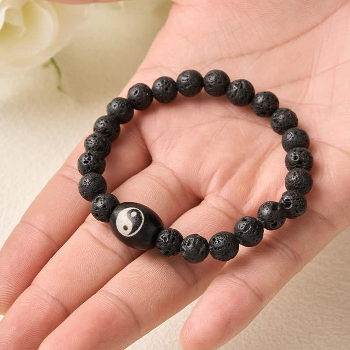 Buddha Stones Lava Rock Black Onyx Yin Yang Bead Support Bracelet