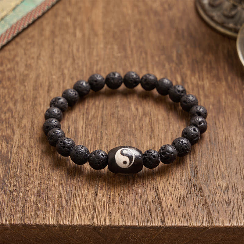 Buddha Stones Lava Rock Black Onyx Yin Yang Bead Support Bracelet