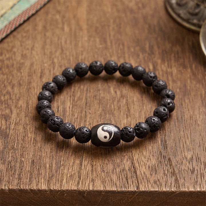 Buddha Stones Lava Rock Black Onyx Yin Yang Bead Support Bracelet
