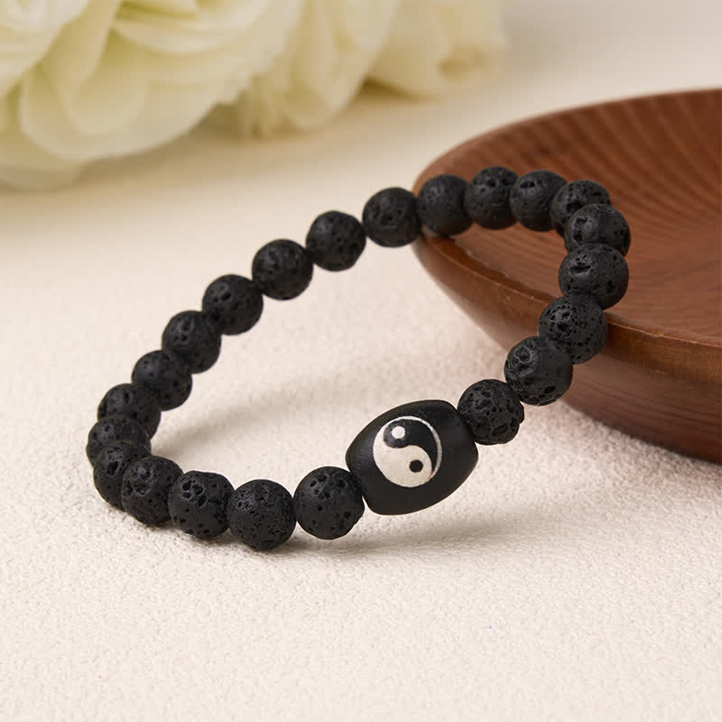 Buddha Stones Lava Rock Black Onyx Yin Yang Bead Support Bracelet