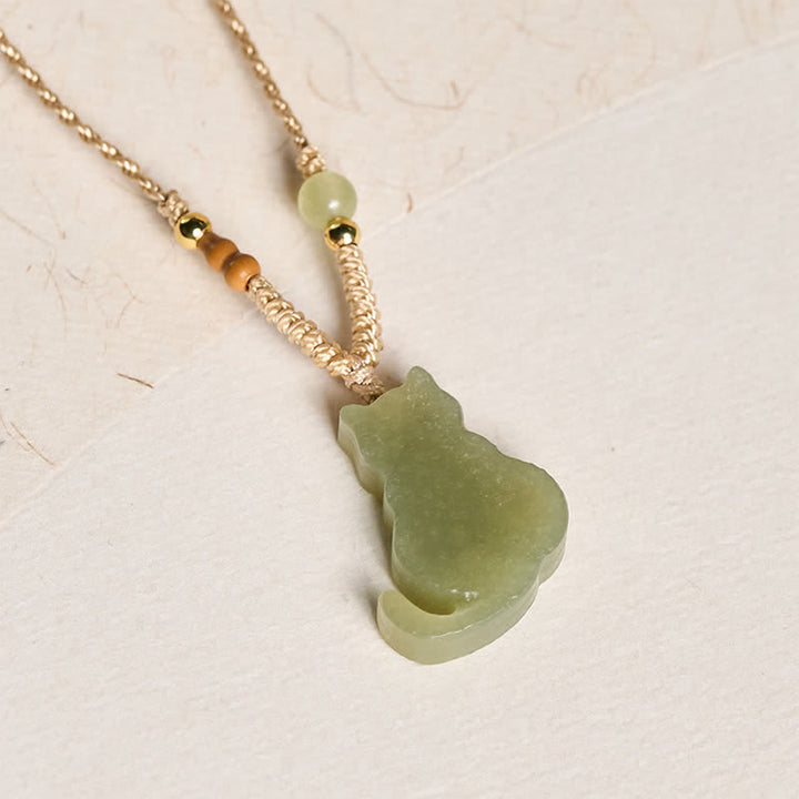 Buddha Stones Jade Cat Braided Cord Pendant Abundance Necklace