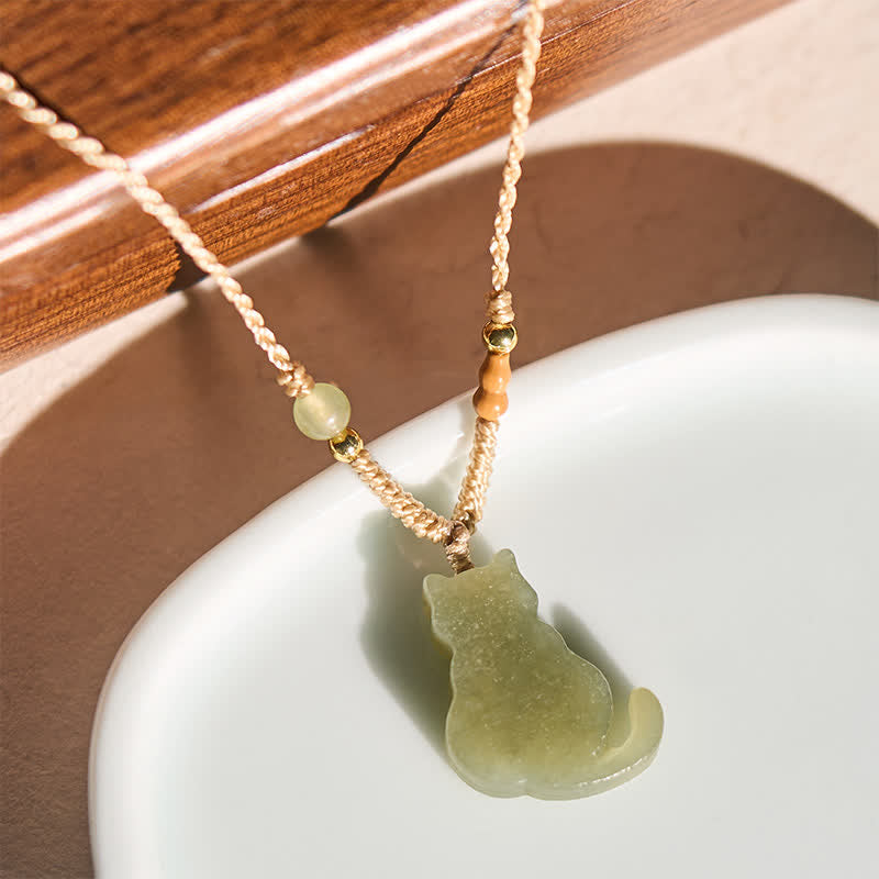 Buddha Stones Jade Cat Braided Cord Pendant Abundance Necklace