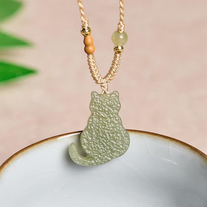 Buddha Stones Jade Cat Braided Cord Pendant Abundance Necklace