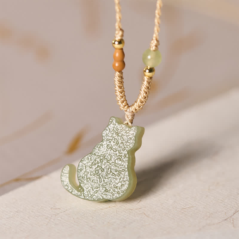Buddha Stones Jade Cat Braided Cord Pendant Abundance Necklace