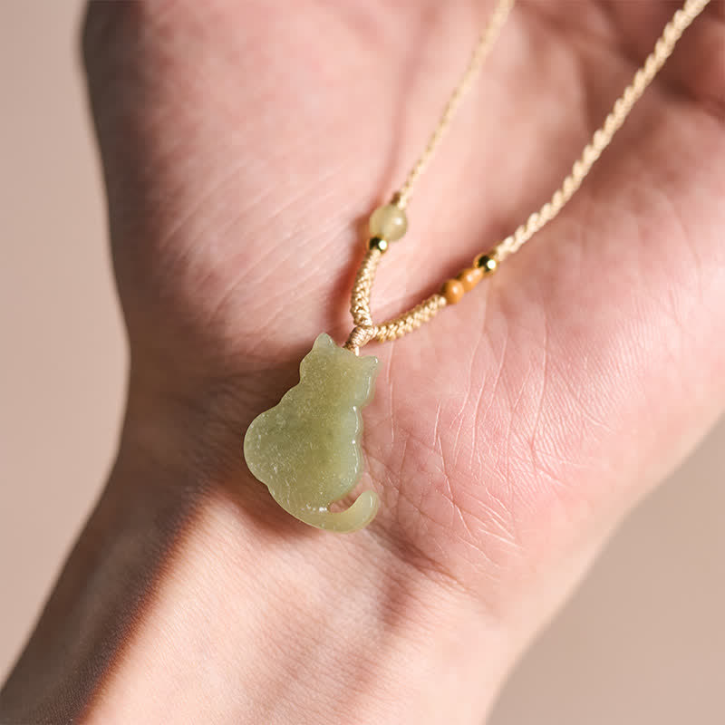 Buddha Stones Jade Cat Braided Cord Pendant Abundance Necklace