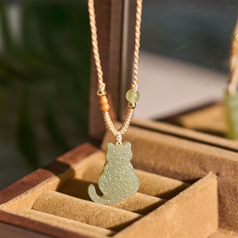 Buddha Stones Jade Cat Braided Cord Pendant Abundance Necklace
