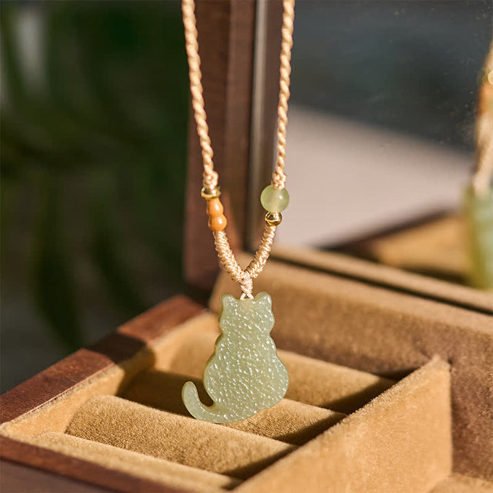 Buddha Stones Jade Cat Braided Cord Pendant Abundance Necklace
