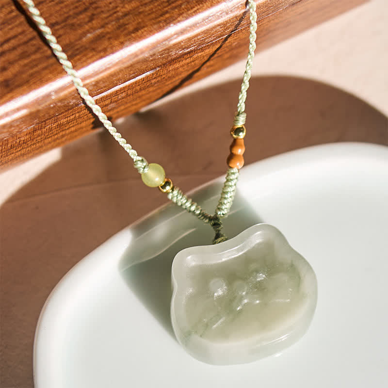 Buddha Stones Natural Jade Cat Harmony Hand-Woven Necklace