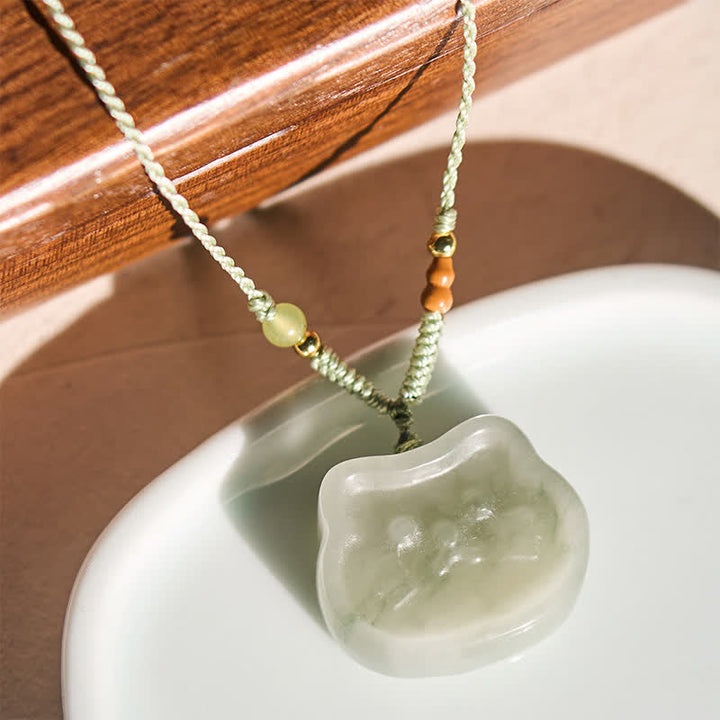 Buddha Stones Natural Jade Cat Harmony Hand-Woven Necklace