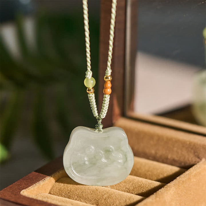 Buddha Stones Natural Jade Cat Harmony Hand-Woven Necklace