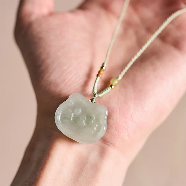 Buddha Stones Natural Jade Cat Harmony Hand-Woven Necklace